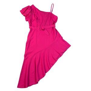 L NWT Hot Pink One Shoulder Ruffle Hem Belted Asymmetrical Midi Party Dress